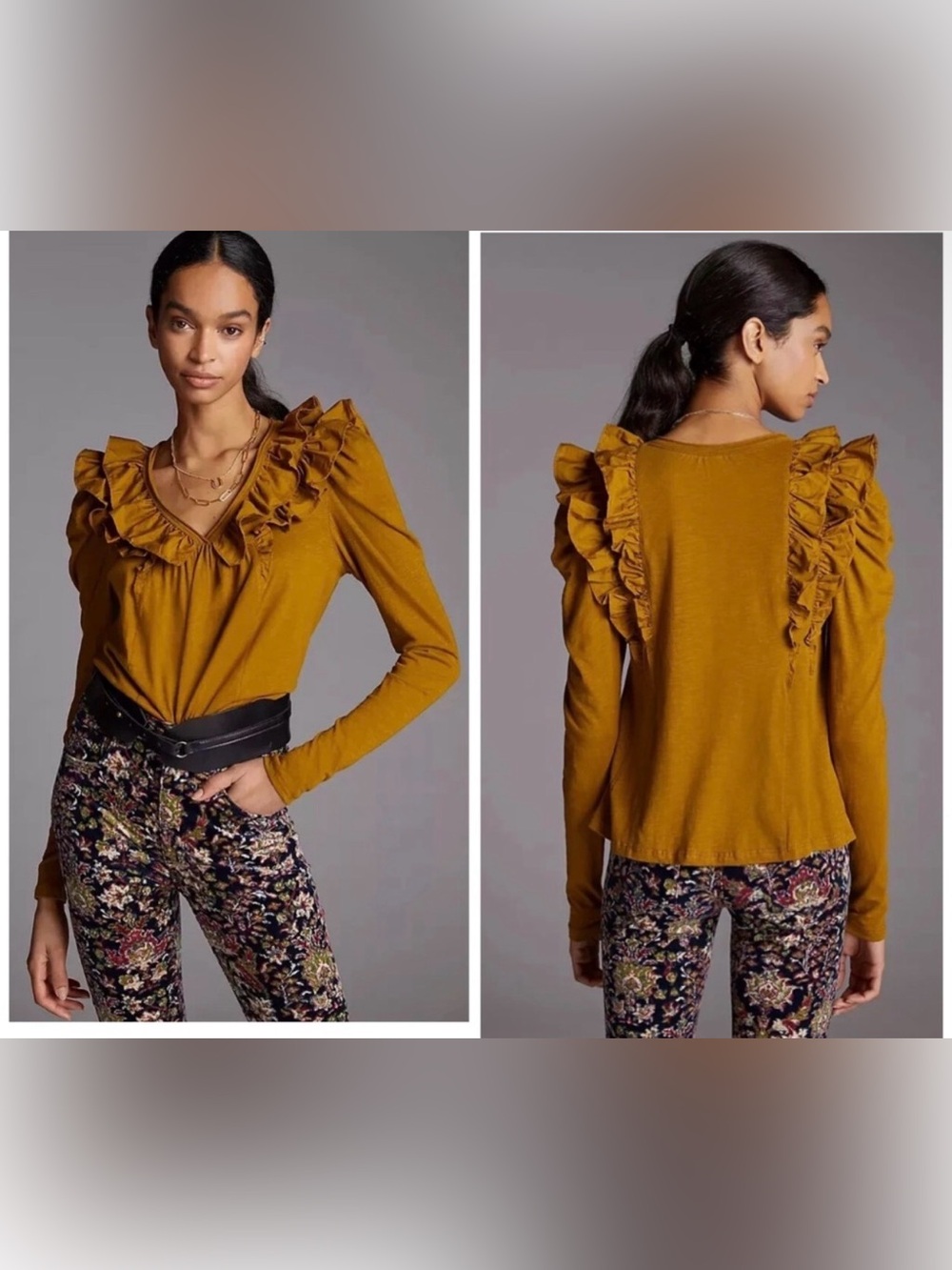 Anthropologie Ruffled V-Neck Top‎ Long Sleeve Cotton Pullover